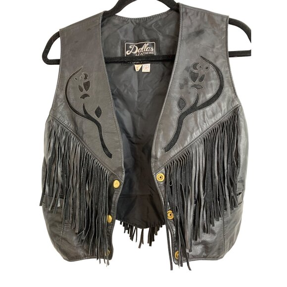 Womens 80s Vintage Black Leather USA 7194 Vest Fringe Snaps Sz 8 Dallas Leathers